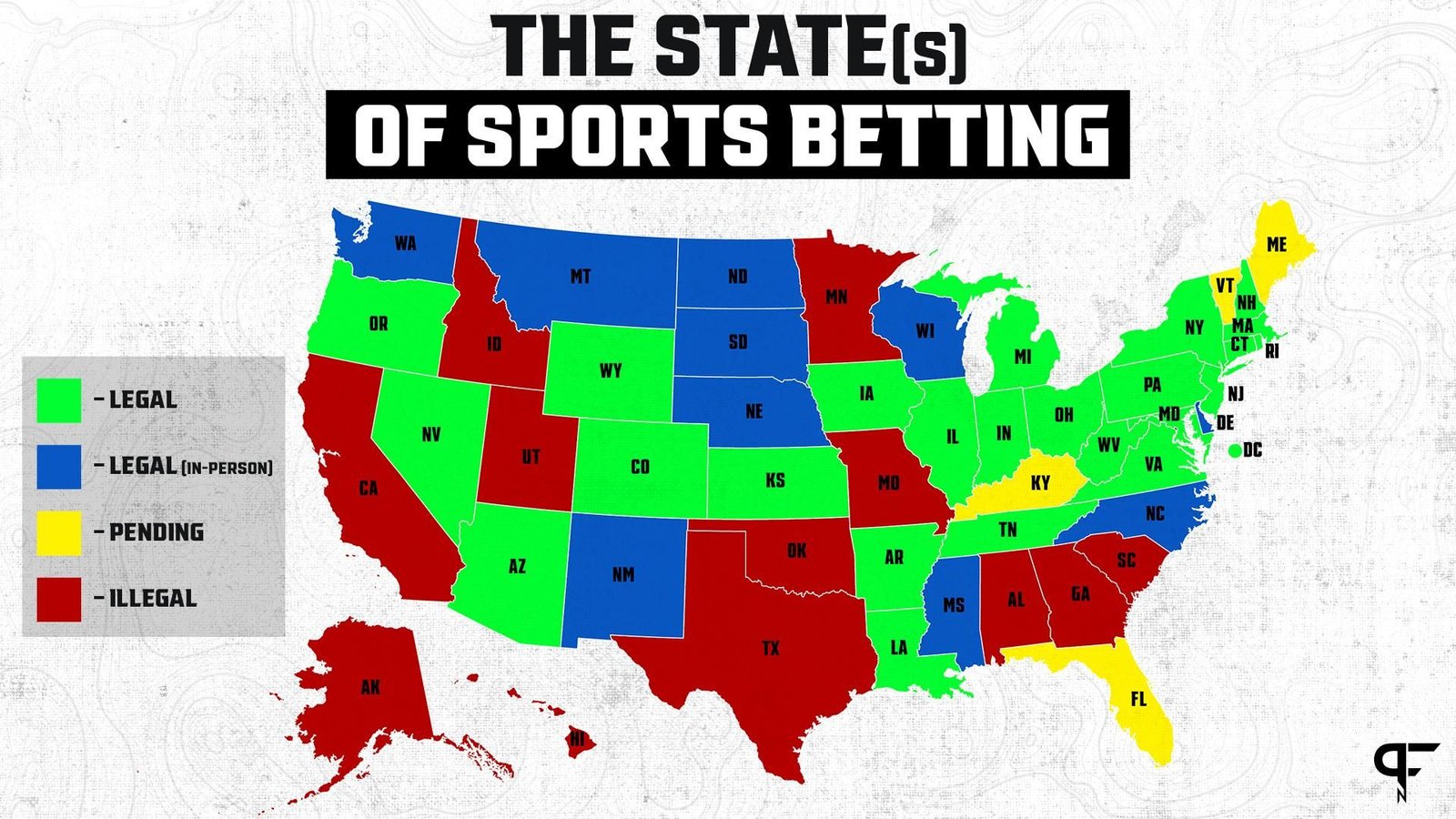 A Map Showing the Legal Sports Betting States in the U.S.